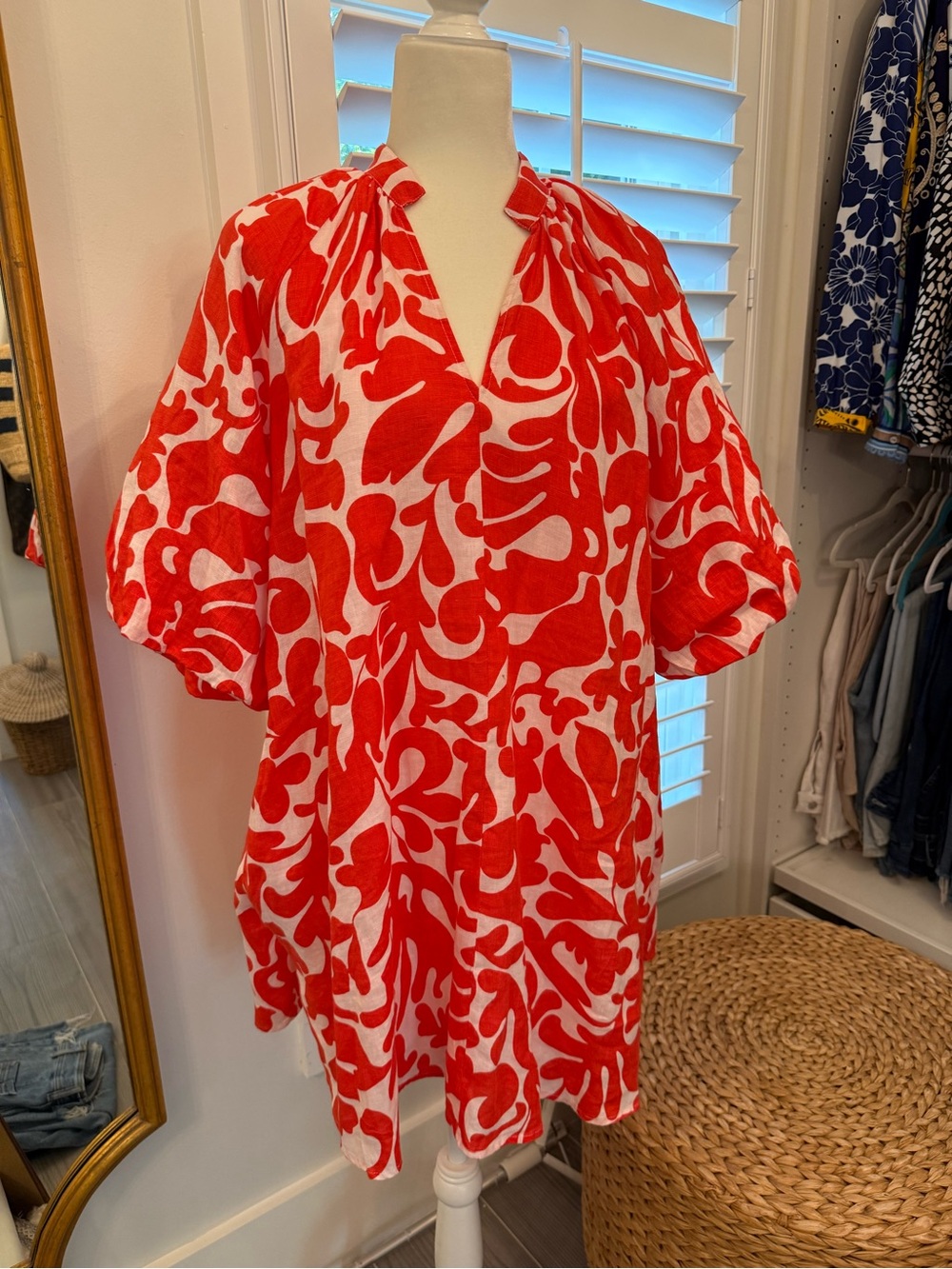 Magazine 100% Linen Red & White Puff Sleeve Mini Dress Size Medium Never Worn!